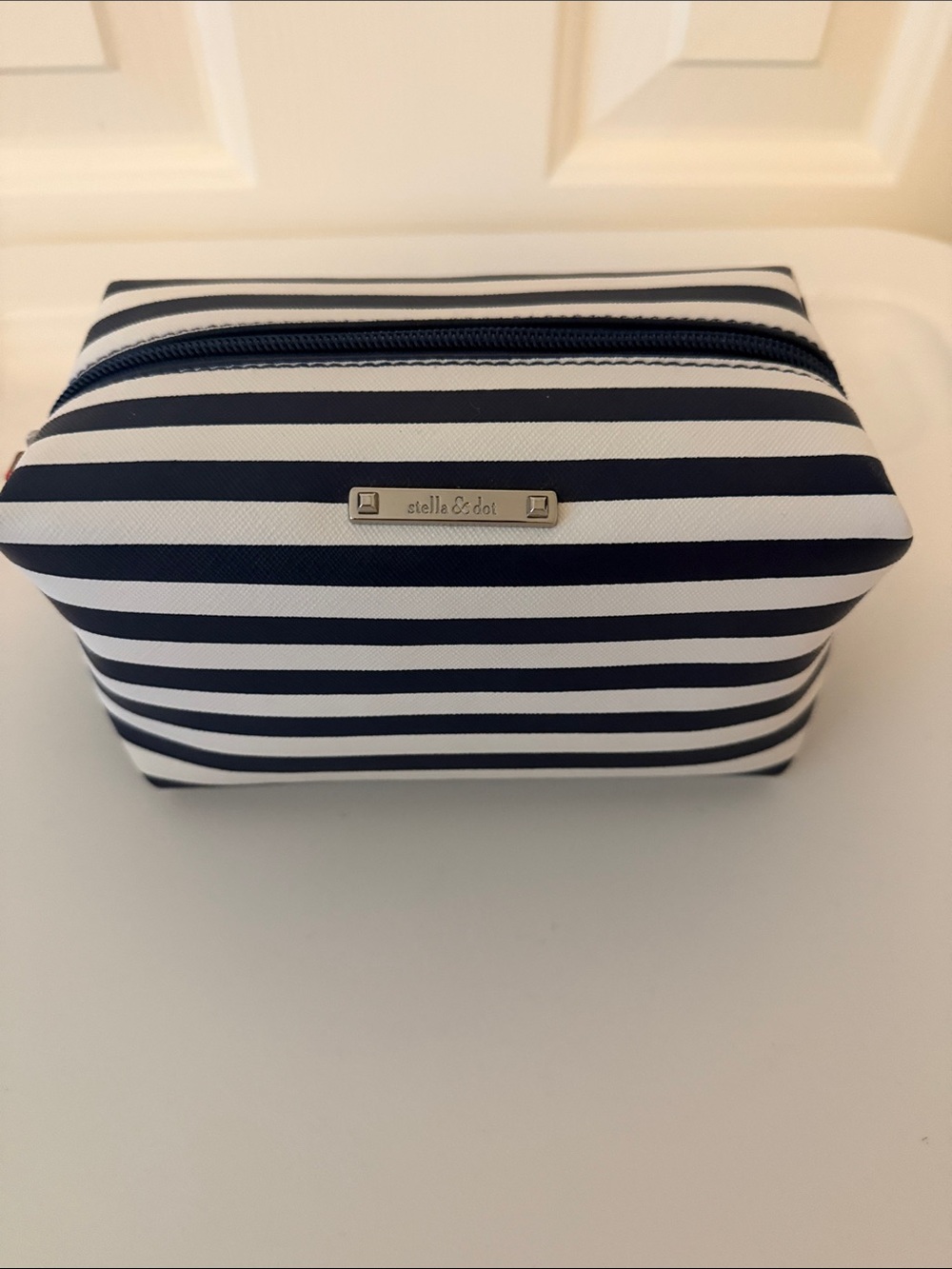 Stella & Dot Navy and White Striped Cosmetic Case